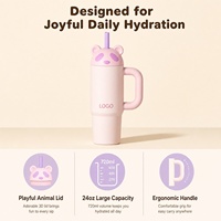 Gobelet isotherme portable en acier inoxydable à double paroi sous vide de 24 oz avec poignée et tête d'animal mignonne, avec paille, idéal pour un cadeau