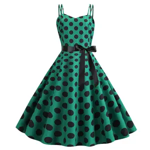 Musim Panas 50S 60S Pin Up Ayunan Besar Pesta Seksi Spaghetti Tali Polka Dot Retro Vintage Floral Gaun Wanita