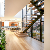 Escalier droit à poutre simple, moderne et minimaliste, avec poutre de support métallique, balustrade simple, marches en bois massif, pour intérieur, écologique