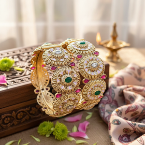 Jewelemarket Elegant and Stylish Openable Meenakari <b>Gold</b>-Plated Pota Stone Green & Pink Fashion <b>Bangle</b> <b>Set</b> Modern and Chic - Product Image 3