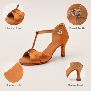 Zapatos de Baile Latino de Satén para Mujer, Punta Abierta, Correa en T, Hebilla con Pedrería, Tacón Ancho, Multicolor, para Salsa y Baile de Salón - Product Image 5