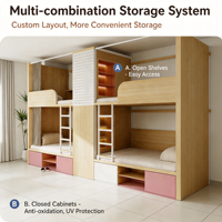 Lit superposé en bois moderne sur mesure pour université avec bibliothèque intégrée et armoire, chambre à coucher entièrement fermée pour 2 personnes, idéal pour dortoir scolaire