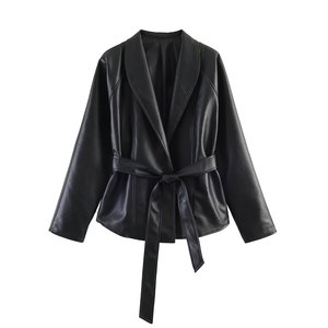 <b>Womens</b> Customized Color Woven Leather V-neck Collar Long Sleeve <b>Wrap</b> <b>Coat</b> Breathable Elegant Casual Fashion Outerwear - Product Image 1