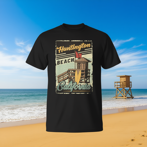 T-shirt de surf Huntington Beach California, design rétro vintage, col rond noir pour hommes - Product Image 3