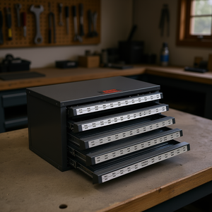 Dispensador de brocas de cinco cajones, organizador de acero de 33/64 a 63/64 con etiquetas para almacenamiento de brocas, apilable, estilo industrial - Product Image 2