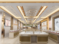 Aménagement intérieur de magasin de bijoux sur mesure, comptoir de présentation en verre avec cadre doré pour boutique de bijoux de luxe