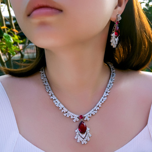Precioso Conjunto de Joyería de Circonia Cúbica Roja, Collar y Aretes, para Novia, Banquete, Fiesta, Compromiso, Joyería de Lujo para Mujer - Product Image 6