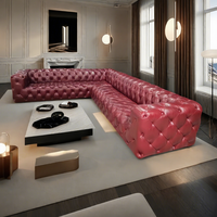 Maßgefertigtes Vollständig Getuftetes Echtes Leder Rotes Chesterfield Rustikales L-förmiges Schlafsofa-Set für Hotels und Villen