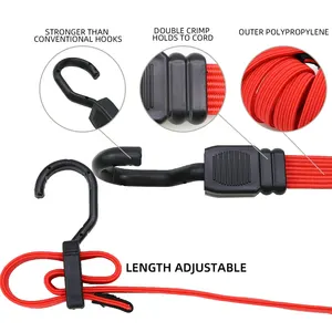 OEM Custom Red 18mm Adjustable Fitness Flat Bungee Cord Strap With Plastic-Coated Metal Hooks