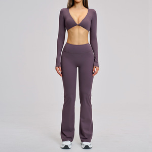 Nouvelle Collection 2026 : Ensemble de Sport 2 Pièces Sexy pour Femme – Pantalon Évasé et Haut à Manches Longues avec Coussinets Amovibles – Idéal Yoga et Course à Pied - Product Image 5