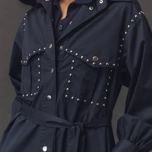 Gabardina de otoño con cinturón, bolsillos grandes, cintura ajustable, manga larga, con tachuelas, abotonadura sencilla, chaqueta cortavientos. - Product Image 4