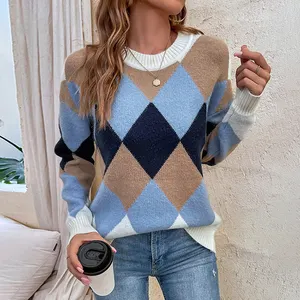 Factory Custom Casual Rhomboid Women Knit Sweater Winter Long Sleeve Women's Pullover Sweaters