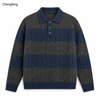 Pull Polo Rayé Homme Vintage Bleu Marine Gris Tricot Câblé Large Horizontal Chaud Hiver Fournisseur en Gros
