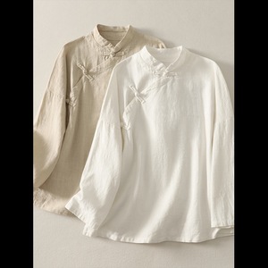 Women's Ramie Linen Shirt Stand Collar Frog Button Chinese Style Tea Dress Top Beige White Autumn Casual Wear - Product Image 1