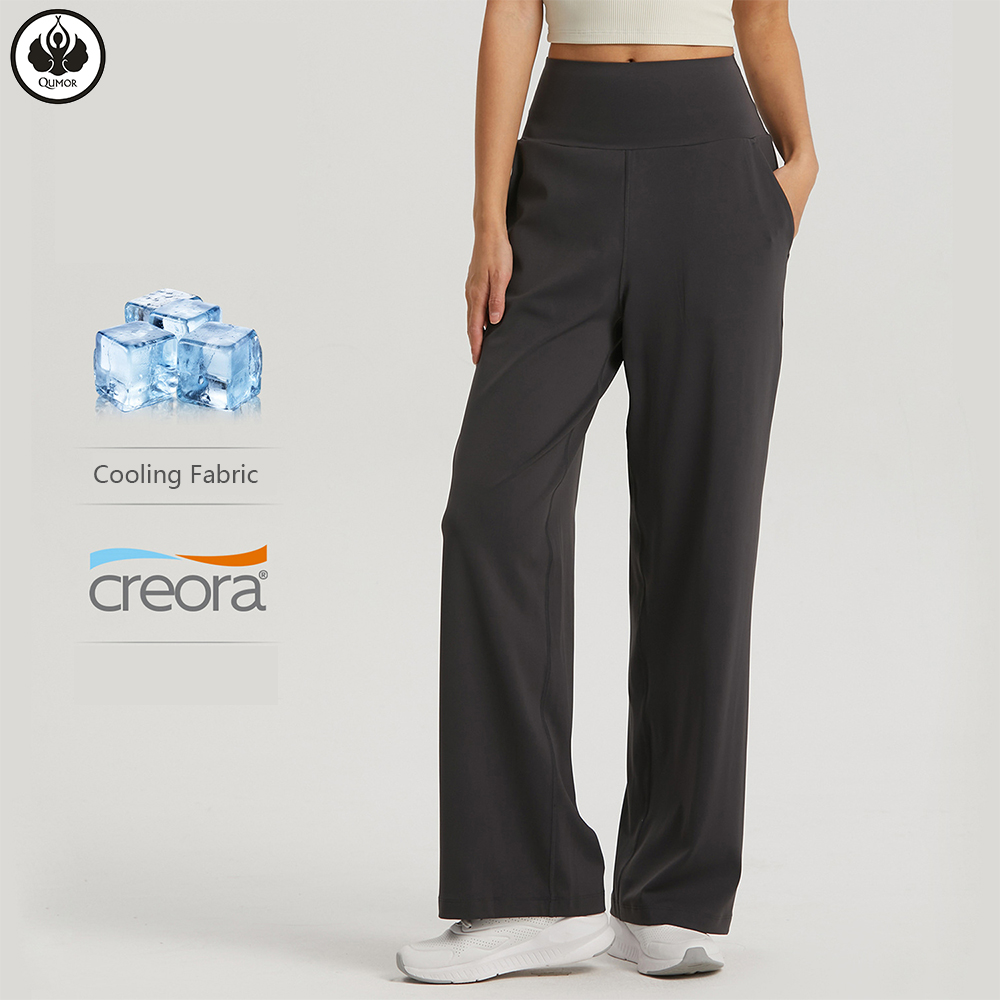 QUMOR Women's High-waisted Wide-leg Full-length Yoga Pants Anti Roll Waistband Solid Eco-Friendly Breathable Loose Fit