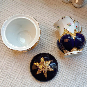 Royal Luxury Style Deep Blue Ceramic Creamer and Sugar <b>Set</b> with Gold Accents - Product Image 5