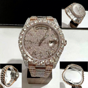 Montre de luxe pour homme en acier inoxydable et verre, entièrement sertie de moissanite et de diamants ronds, cadran style épines, style hip-hop glacé - Product Image 1