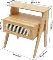 Table de chevet en bambou naturel et rotin avec pied triangulaire incliné unique, tiroir unique, table d'appoint avec dessus ouvert et rangement