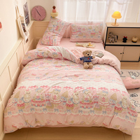 Ensemble de literie en coton pur lavé, directement de l'usine, 4 pièces, motif de dessin animé mignon, couleur unie, housse de couette, adolescents, enfants, en vrac