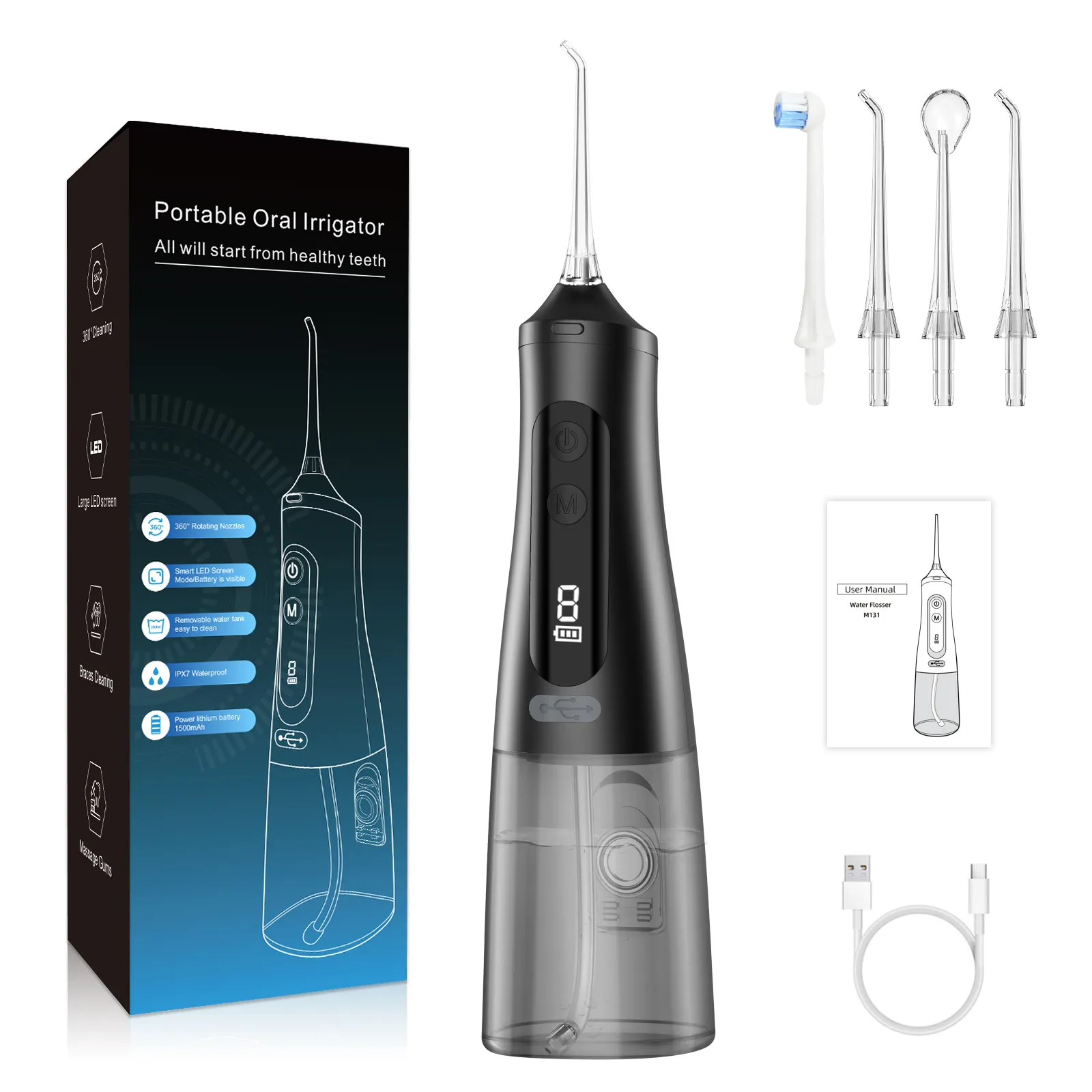 Portable Electric Black Oral Irrigator Water Flosser Teeth Cleaning with 4 Modes for Home Travel