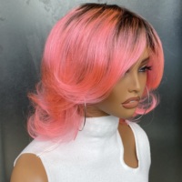 Couleur rose avec racine noire Cheveux humains courts ondulés Pixie Cut pour les femmes noires Perruque courte Cheveux humains sans colle aucune perruque de dentelle