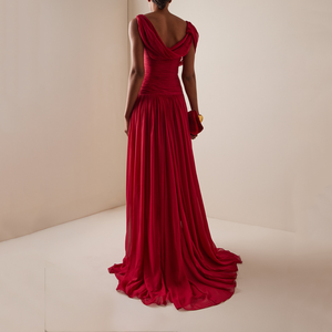 Robe de soirée rouge asymétrique sur mesure, élégante, plissée et drapée, sexy, pour <span class=keywords><strong>femme</strong></span>, vente en gros - Product Image 4