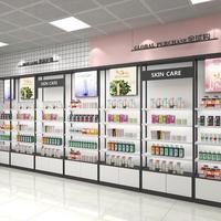 Présentoir cosmétique de vente au détail avec éclairage LED, structure en bois et acier inoxydable pour centre commercial, vente en gros