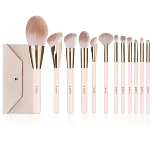 Ydini Bán Buôn 12Pcs Màu Be Tay Cầm Bằng Gỗ Mỹ Phẩm Make Up Brush Kit Nhãn Hiệu Riêng Trang Điểm Brushes Set Với Túi