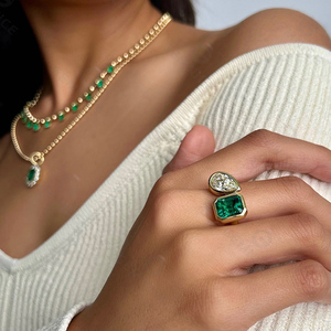 Gemnel Bezel Set 925 Silver Emerald Pear Diamond Unique <strong>Two</strong> <strong>Stone</strong> Engagement Band Wedding <strong>Ring</strong> - Product Image 3