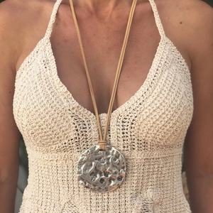 Boho Vintage Leather <b>Necklace</b> Women Oversized Silver Pendant Disc <b>Statement</b> Jewelry Exaggerated Chains Featuring Pearl Main - Product Image 2