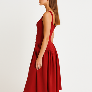 ชุดเดรสลำลองสีแดงทรงเอไลน์ ความยาวปานกลาง คอวี จับจีบ แฟชั่นทันสมัย เหมาะสำหรับใส่ทำงานในฤดูร้อน - Product Image 2