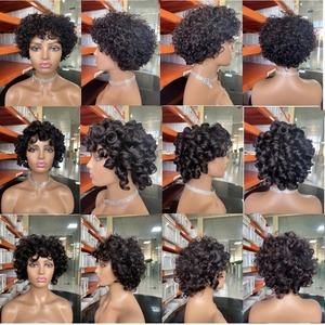 Peluca de Cabello Vietnamita 100% Natural al Por Mayor, Corte <span class=keywords><strong>Pixie</strong></span> con <span class=keywords><strong>Banda</strong></span>, Rizado y Voluminoso a Máquina # 1B en Existencia - Product Image 5