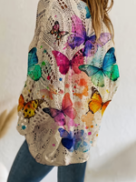 Sweater Rajut Wanita Motif Kupu-kupu Cerah 2026 Oversized Kerah Bulat Jaring Pointelle 100% Poliester Atasan Boho Berlubang