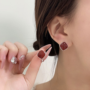 S925 Sterling <b>Silver</b> <b>Stud</b> <b>Earrings</b> Red Black Square Geometric Bezel Setting Everyday Wear - Product Image 3