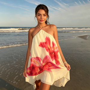Robe d'été asymétrique mini à imprimé floral et blocs de couleur, style licou, coupe trapèze, sexy et tendance pour femme - Product Image 1