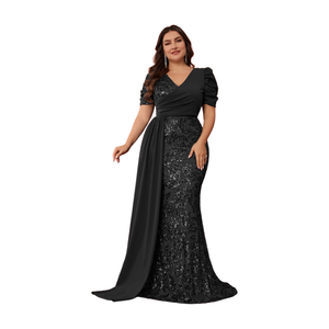 Abito Lungo <span class=keywords><strong>da</strong></span> <span class=keywords><strong>Sera</strong></span>/Cocktail Elegante Plus-Size Stile Europeo-Americano con Paillettes, Patchwork, Scollo a V e Maniche a Sbuffo in Poliestere - Product Image 6