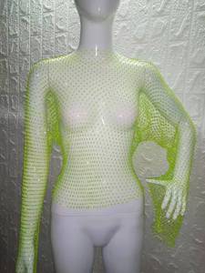 Y2K شبكة رؤية من خلال تي شيرت لامعة حجر الراين شبكة صيد السمك أجوف من النساء مثير أعلى محصول طويلة الأكمام الشاطئ التستر قمم للدبابات الحزب - Product Image 5