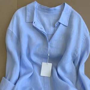 Nouvelle chemise en lin bleu printemps/été 2026, coupe ample, élégante, style Old Money, haut de gamme, en coton et lin - Product Image 3