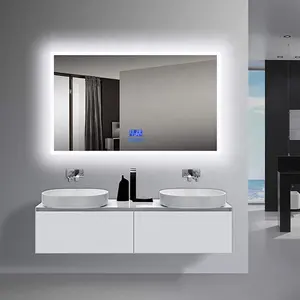 Espejo de pared inteligente con forma rectangular resistente al agua, espejo de baño con pantalla táctil, desnebulizador Led iluminado