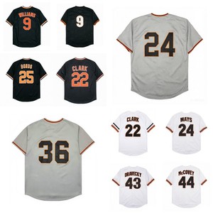 Maillots de baseball rétro pour hommes, version nostalgique, cousus, 24 Willie Mays, 22 Will Clark, 43 Dave Dravecky, 44 Willie McCovey, tailles S-3XL - Product Image 1
