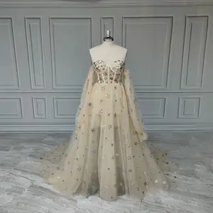 Vestido de noiva de lantejoulas estrelado linha A para festa de casamento, com mangas bufantes, vestido de noiva até o chão, para tribunal