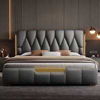 Cadre de lit moderne en cuir, disponible en tailles Queen ou King, avec veilleuse à détection de mouvement, pour un mobilier de chambre élégant