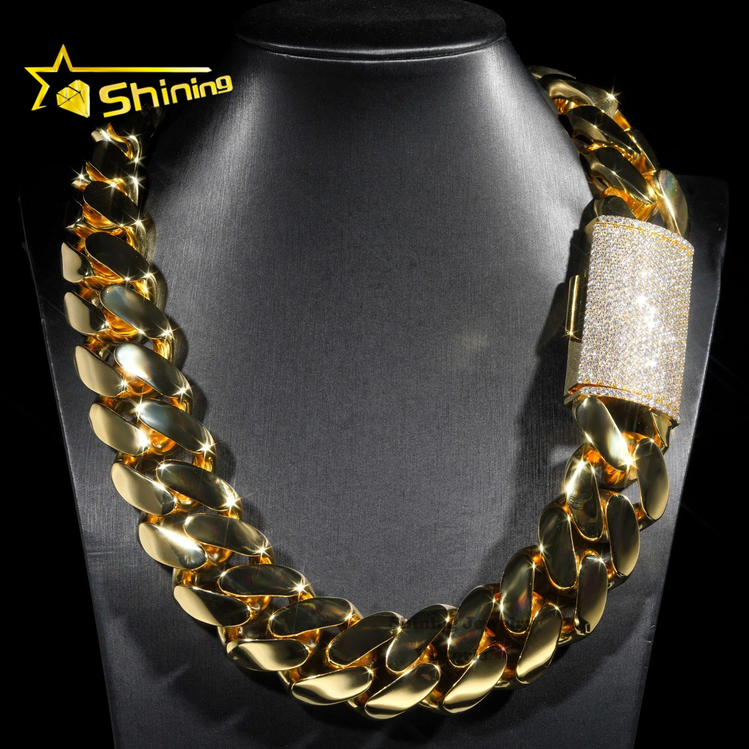 Custom Super Thick Heavy Rock Men Necklace 18K Gold Plated Brass Miami Cuban Link 30MM Cuban Chain With Moissanite Diamond Lock