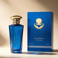 Nouvelle conception de flacon de parfum en verre à col cranté de forme unique, 100 ml, ambre bleu, flacon de parfum vide avec vaporisateur à fine brume