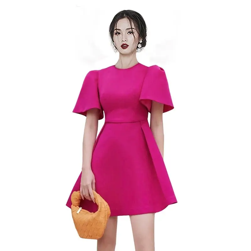 Summer 2022 New French style rose dress with round collar, flared sleeves and waist