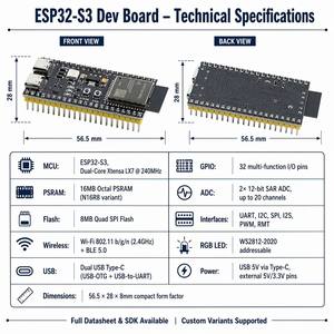 Carte de développement ESP32-S3, kit de développement USB Type-C, module sans fil <span class=keywords><strong>WiFi</strong></span> double cœur N16R8 pour projets de robotique et d'IoT - Product Image 4