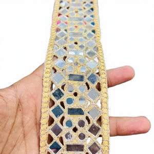 Gold Polyester Embroidery with <b>Mirror</b> Work Handmade Gimp Lace Trim Sequins 25MM Width <b>Star</b> Pattern Vintage Elegant Lace Reel - Product Image 3