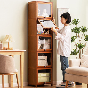 Storage Cabinet <b>Bookcase</b> <b>Solid</b> <b>Wood</b> Freestanding With Doors Modern Style Narrow Design For Home Office Bedroom - Product Image 2