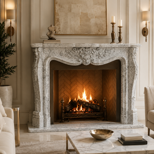 Traditional Marble <b>Fireplace</b> Mantel With Ornate Carving Imperial Blue Stone Indoor Wood Burning Hearth For Dining Room - Product Image 6