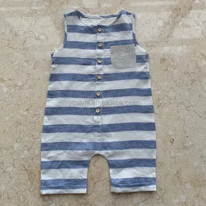 100%linen Summer Baby Boy Striped One-Piece Coverall Sleeveless Snap Closure Soft Ribbed Baby Rompers